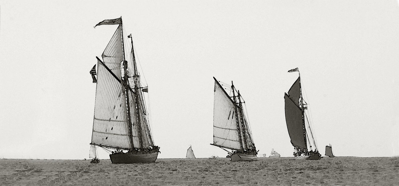 Three Schooners across the horizon racing. The panoramic image is in a sepia tone